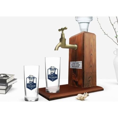 Personalized Colorful Printed Sailor Design Dual Arrack Cup and Wood Rack Stand Gift Seti-1