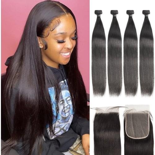 Straight Bundles With Frontal 1 3 4 Bundles With Closure Brazilian Weave Virgin Hair Extensions Human Hair Bundles With Closure