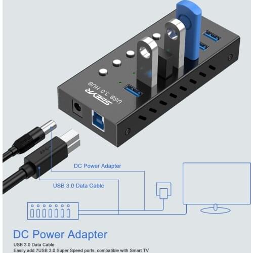 USB Hub 3.0 Splitter 7 Port USB Data Hub with Individual On/Off Switches Lights for Laptop PC Computer Mobile HDD Flash Drive