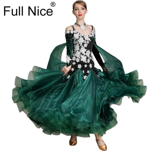 Luxurious flower velor ballroom dance dress long length wide hem modern dance costume waltz wearing flamenco rumba samba
