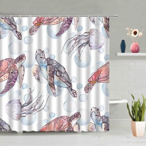 Cartoon Sea Turtle Shower Curtain Tortoise Ocean Animal Children Bathroom Waterproof Screen Decor Wall Hanging Curtains Home Set