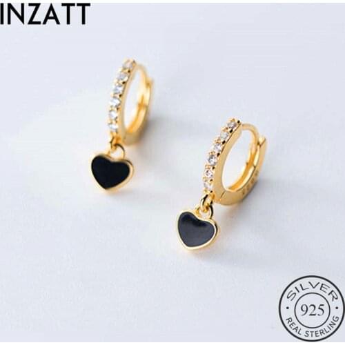 INZATT Real 925 Sterling Silver Zircon Round Black Heart Hoop Earrings For Fashion Women Party Fine Jewelry Cute Accessories
