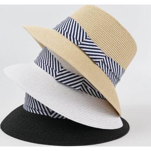 Casual Panama 2021 Womens Summer Hat Stripe Ribbon Sun Protection Cap Female Flat Top Wide Brim Beach Hat Straw Hat Sun Hats