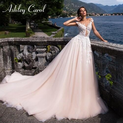 Ashley Carol A-Line Wedding Dress 2021 Semi-Transparent Scoop Off the ShoulderAppliques Bride Backless Beach Bridal Gown