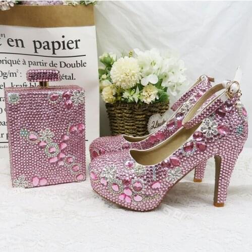Women Spring Pink Crystal Party Shoes With Bag Bride Wedding High Heels 8CM Ladies Platfor Round Toe Pumpsm Thin Heels Fashion