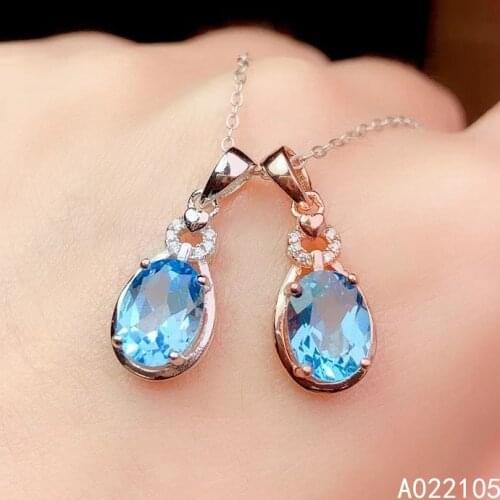 KJJEAXCMY fine jewelry 925 sterling silver inlaid Natural Swiss blue topaz Womens vintage fashion gem pendant necklace support
