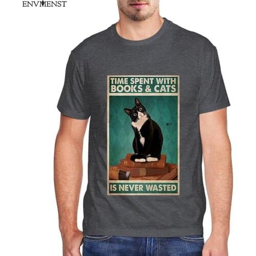 Funny cats t shirt Time Spent With Books And Cats Is Never Wasted Reading Cat Lovers Mens Tee Unisex High Quality short sleeve