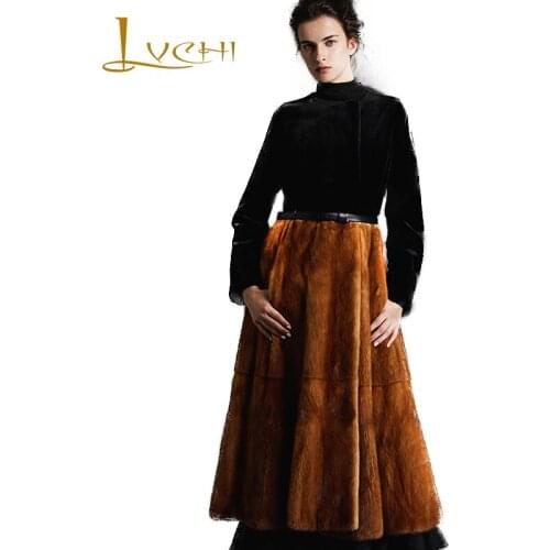 LVCHI Winter 2019 Imported Velvet Mink Coat Womens Natural Fur Coat Mink Coat Slim O-Neck Pocket Sashes X-Long Mink Fur Coats