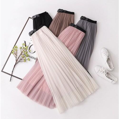 Belt Pleated Tulle Skirt Women Spring Autumn Slim Solid Fairy Chiffon Skirts Womens 2021 New Korean Fashion High Waist Skirts