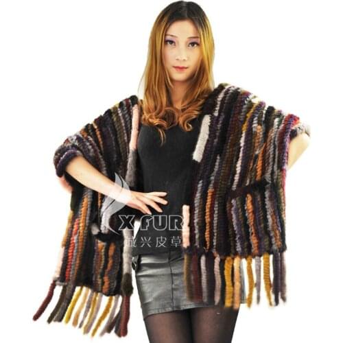 CX-B-M-52 Fashionable Designer Hand knitted Multicolored Striped Mink Fringed Fur Shawl For Ladies
