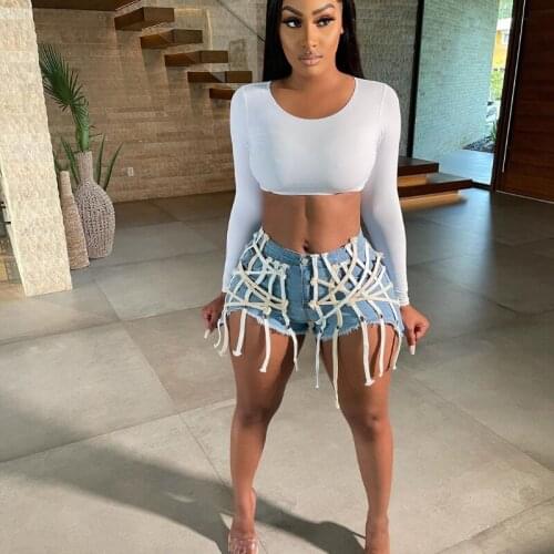 2021 New Womens Eyelet Straps Wear Washed Denim Short Jeans Sexy High Waist Denim Joggers Women Baggy Jeans