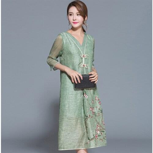 Ethnic Chinese Style V Neck Button Floral Print Women Dresses High Quality Silk Linen Dress Side Split Pocket Vestidos Plus Size