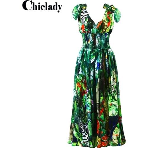 CHICLADYtropical animal flower printed runway designer v-neck lace up sleeveless green maxi dress summer holiday boho casual new