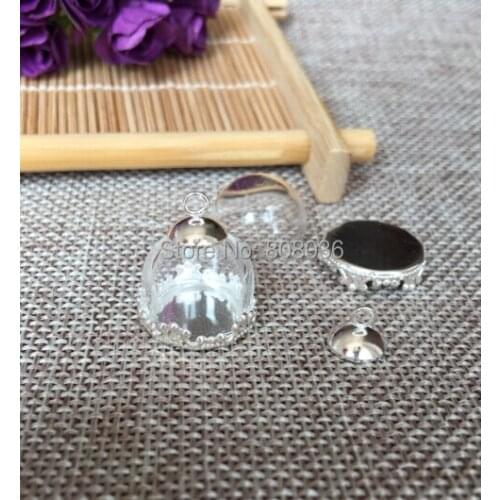 Free shipping good 20sets/lot silver plated 15/20/25mm half glass globe &lace base & cap set glass vial pendants glass bubble