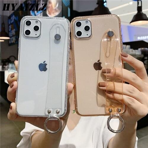 Transparent with Wristband Phone Case for iPhone 11 Pro Max XS XR X 6S 7 8 Plus SE2 Glitter Powder Soft TPU Non-slip Back Cover