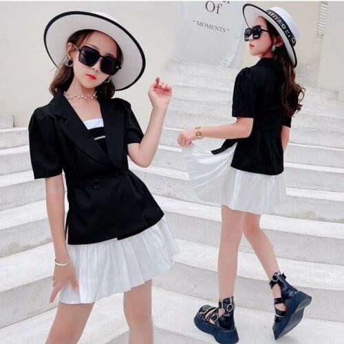 Children Short Sleeve Blazer Tops + Skirts 2 Pcs Sets Kids Summer New Pleated Skirt Suits Baby Girl 3 Colour Sets 6-16Y wz229
