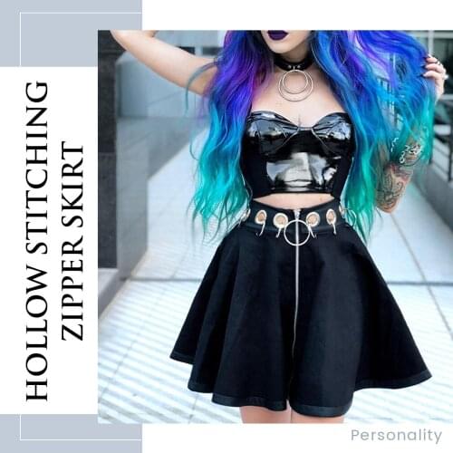 Gothic Punk Hollow Out Iron Ring A-Line Mini Skirts Zipper Sexy Patchwork High-Waisted Mall Goth Emo Alt Pleated Miniskirt Falda