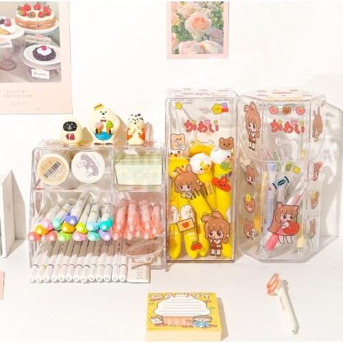 Kawaii acrylic multifunctional transparent pen holder ns office desktop large capacity stationery storage box desktop organizer
