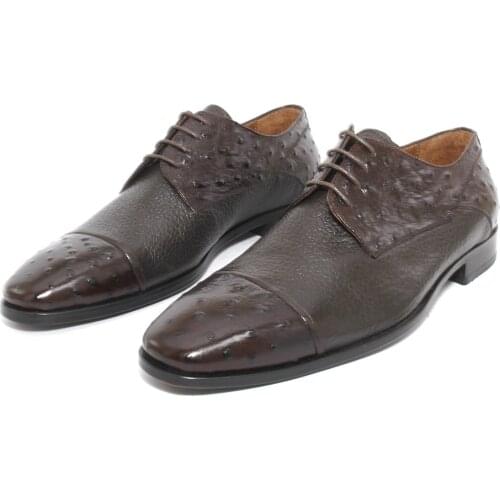 SHENBINS Handmade Brown Cap Toe Derby Shoes with Genuine Deer Leather and Ostrich Skin Pattern, Limited Edition, Size 40