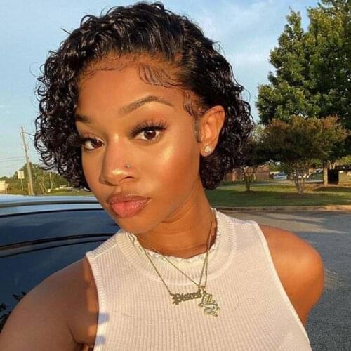 Luvin 6inch T Part Short Bob Water Curly Pixie Cut Wig Lace Human Hair Wigs For Women Deep Wave PrePlucked Bleached Knots