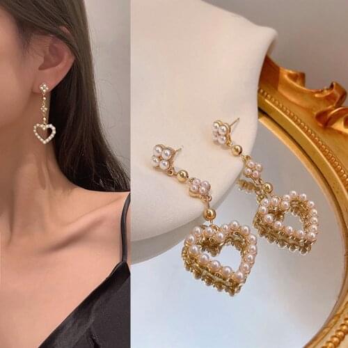 Cute Romantic Pearl Flower Petal Heart Pendant Drop Earrings for Women Girls Teen Korean Fashion Earrings 2021 Trend New Arrival