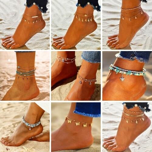 Kissme Fashion Anklets For Women Bohemia Evil Eye Butterfly Tortoise Moon Star Charms Foot Ankle Beads Chains Jewelry Wholesale