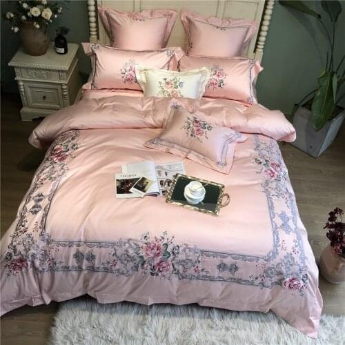 Premium Quality 120S Egyptian cotton Luxury Embroidered Bedding set Queen King Wedding Duvet cover Bed sheet set Pillowcase Pink