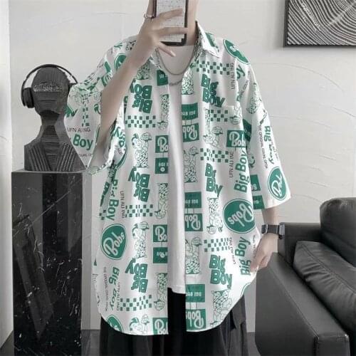 Hiphop Short Sleeve Shirts Spring Summer Loose Top Trendy Brand Full Printed Male Clothes Casual Streetwear Thin Coat Red/Green