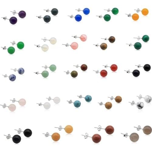 Trendy Natural Gemstone 925 Sterling Sliver Round Stone Stud Earrings Various Colors Available Fashion Jewelry for Daily Wear