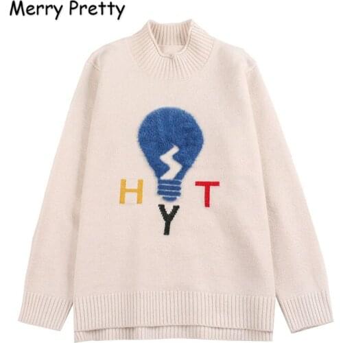 MERRY PRETTY Women Embroidery Half Turtleneck Sweaters Winter 2018 Long sleeve Loose pullover Casual Woman Jumper Pull Femme