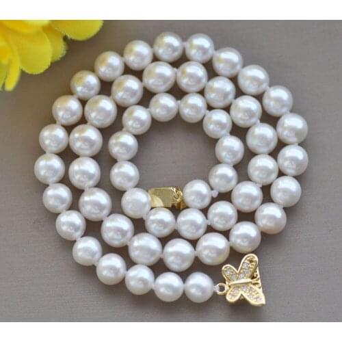 Z11008 A++ 17" 9mm Round White Freshwater Pearl Necklace CZ