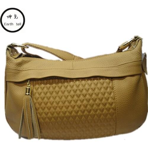Earth tell Brand Soft Retro Women Bags Genuine Leather Tassel Shoulder Messenger Bag Solid More Color Female Ling grid Handbag