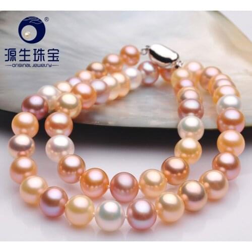 YS 8-9mm Mix Color Round Freshwater Pearl Chain Necklace Female Fine Jewelry