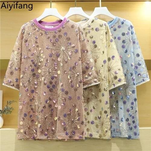 New 2021 Fashion Summer Womens Oversize T-shirts Tops Sequined Embroidery Loose Long T-Shirt Short Sleeve Tees Plus Size TShirt