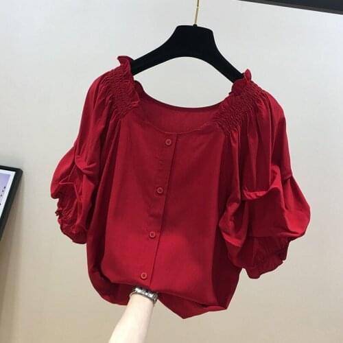 Red Slash Neck Chiffon Women Shirts Summer New 2021 Lantern Sleeved Loose Solid Office Lady Elegant Outwear Tops