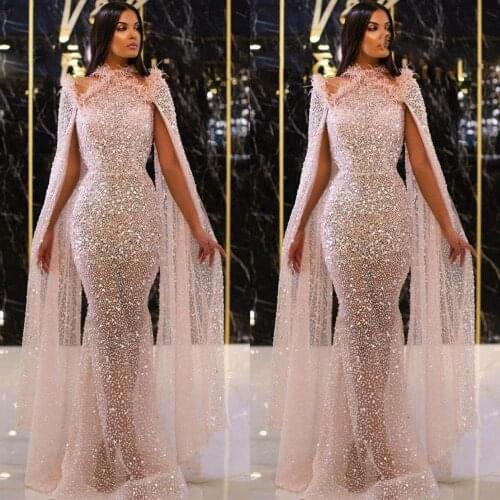 Beautiful Pale Blush Rose Pink Silver Heavy Beading High Neck Women Formal Evening Dresses Gowns with Cape
