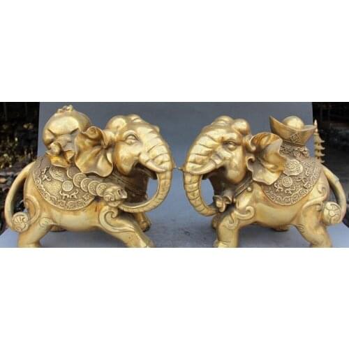 12" Chinese Fengshui Bronze Wealth Yuanbao Elephant Heffalump Animal Pair Statue