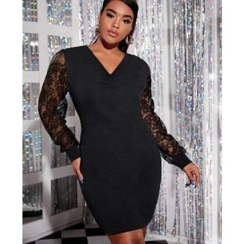 4XL Plus Size Dress Women Summer V Neck Lace See Through Long Sleeve Slim Bodycon Dress Black Short Mini Dresses