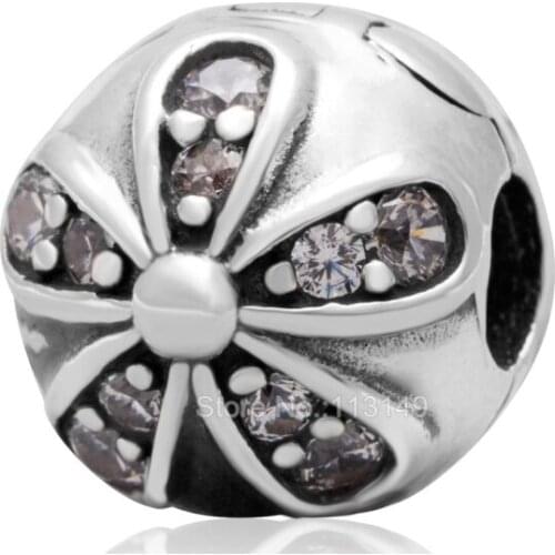 White Zircon Pave Chrysanthemum Flower Authentic 925 Sterling Silver Stopper Bead Lock Clip For European Charm Bracelet SCSB009