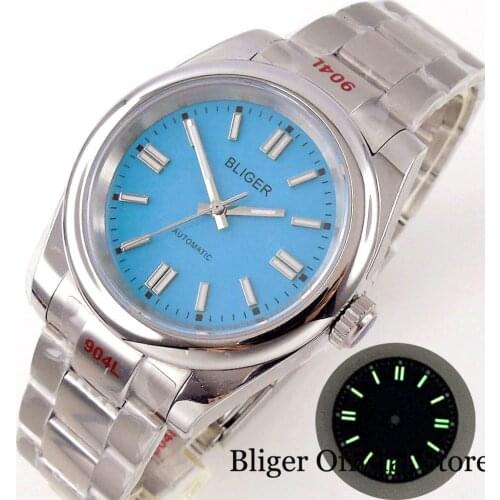 BLIGER 36mm/39mm Sky Blue Japan MIYOTA 8215 Luminius Index Selfwinding Men Watch Polish Bezel Brushed Oyster Band Baton Hand