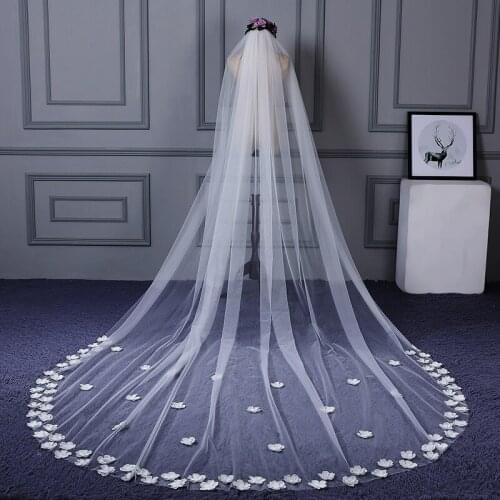 Jiayigong Flower Bridal Veils 3 meters Tulle Cathedral Veil Wedding Veils for Bride