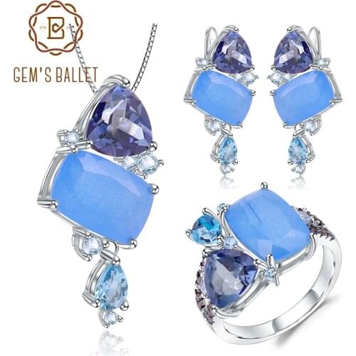 GEMS BALLET Candy Irregular Jewelry Natural Aqua-blue Calcedony 925 Sterling Silver Ring Earrings Pendant Jewelry Set For Women
