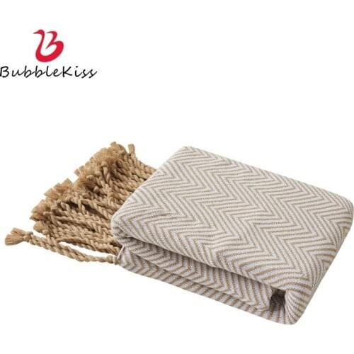 Bubble Kiss Cotton Knitted Tassel Blanket Fashion Striped Blankets For Beds Sofa Throw Blanket Breathable Anti-Pilling Blanket