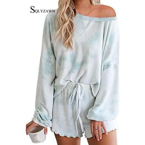 Women 2 Piece Outfits Tie Dye Gradient Comfortable Female Clothing Sets Pajamas Lady Long Sleeve Pullover Top and Ruffle Shorts