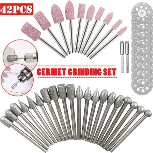 42Pcs Diamond Grinding Cutting Carving Bit Set Rotary Tools for Stone Tile Glass Electric Grinder Drill Bit Cermet Polishing Kit