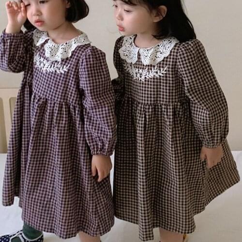 2021 New Korean Style Spring Autumn Plaid Dress Embroidery Casual Dress Childrens Dress Kid Clothes Girl