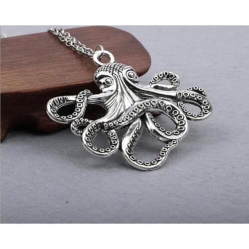Octopus Necklace Steampunk Nautical Squid Kraken Pirate Antique Silver Color Jewelry Cross Chain Short Long Mens Womens Gift