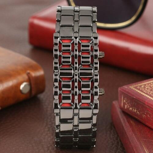 Attractive Black Alloy Lava Digital Watch for Men Special Faceless Blue LED Digital Display Watches Clasp Wristwatch for Women
