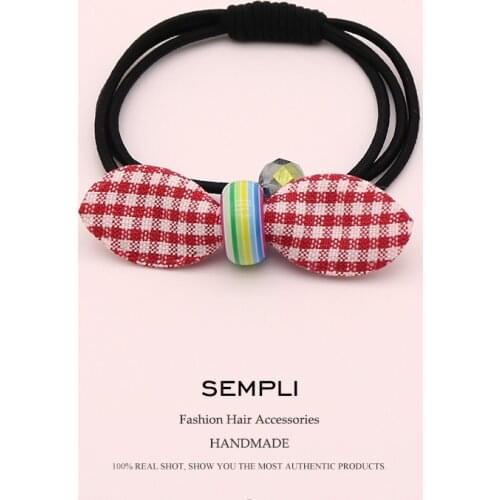 Sempli Cotton Plaid Elastic Bow-Knot For Women Crystal Beads Hair Band Kid Children Rubber Band Hair Accesorios para el cabello