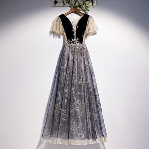 Vintage Evening Dress Navy Blue Velvet with Tulle Gold Applique Ruffles Sleeves Prom Gowns